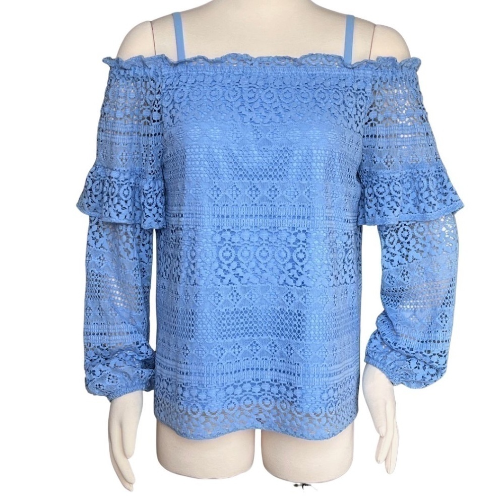 Parker "Jordana" Off Shoulder Boho Style Eyelet Lace Top Powder Blue Size Large - Picture 7 of 8